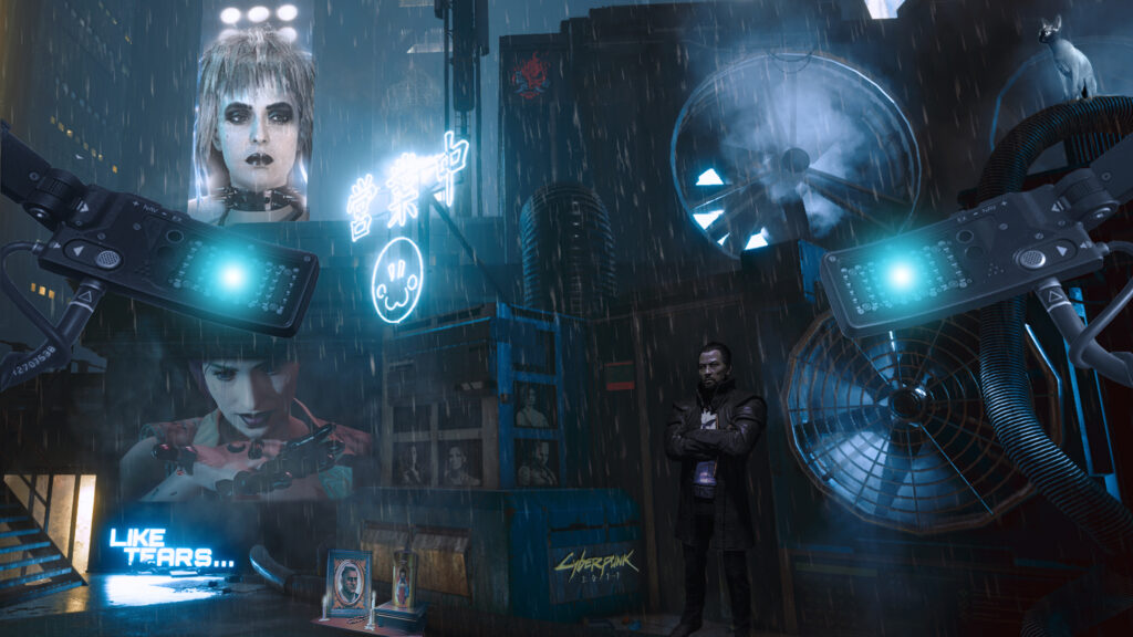 Hintergrundbild der Seite blogging-mox.ch. Eine düstere Collage im Regen mit Motiven des Spiels Cyberpunk 2077.