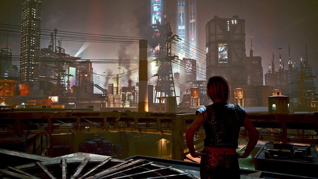 Screenshot aus dem Spiel Cyberpunk 2077 von Nastja the blogging Mox. Weibliche Cyberpunk V blickt auf den Industriebezirk von Night City bei Nacht. Symbolbild für die Rubrik Geschichten und deren Anfänge.