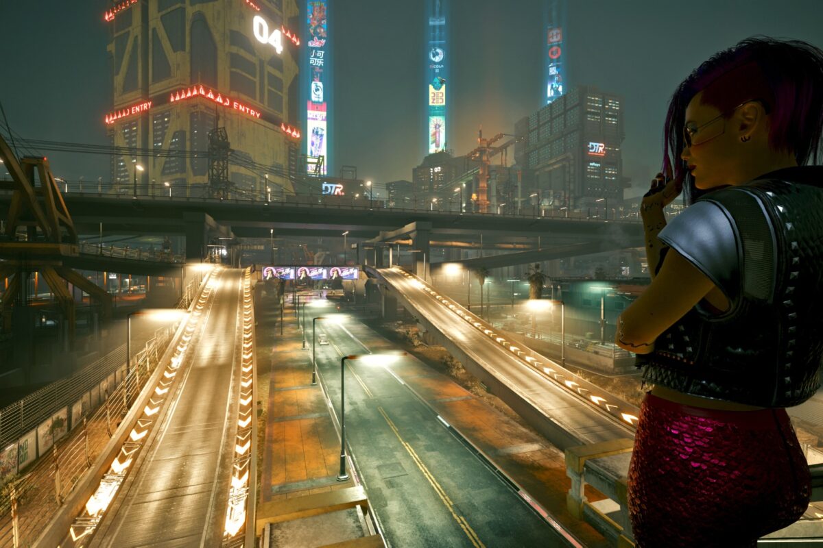 Strassen von Night City bei Nacht. Screenshot aus dem Spiel Cyberpunk 2077 im Blog von Nastja der Mox.