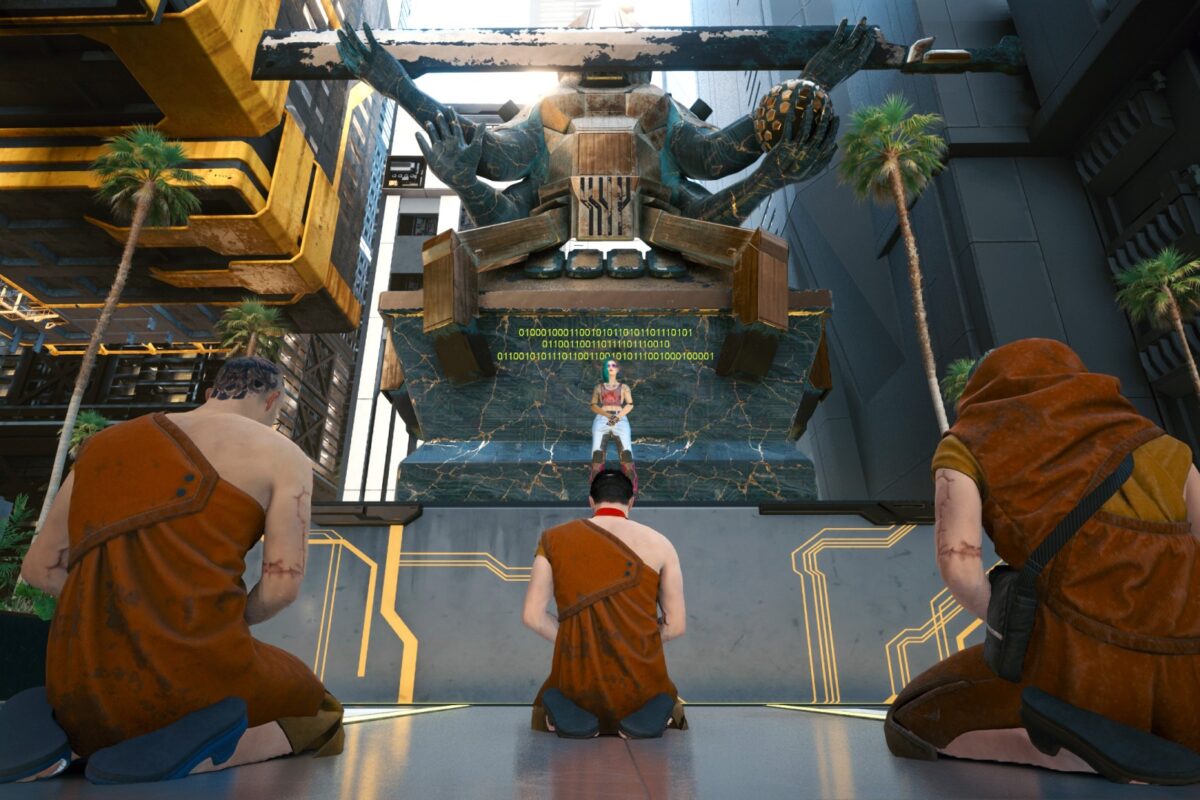 Mönche beten vor einer religiösen Statue. Screenshot aus dem Spiel Cyberpunk 2077 im Blog von Nastja der Mox.