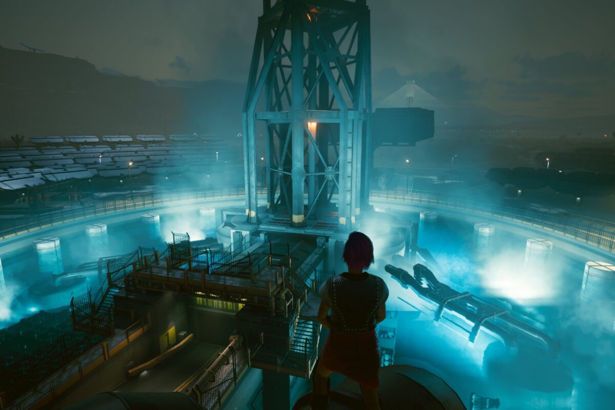 Blaubeleuchtetes Kraftwerk bei Nacht. Screenshot aus dem Spiel Cyberpunk 2077 im Blog von Nastja der Mox.