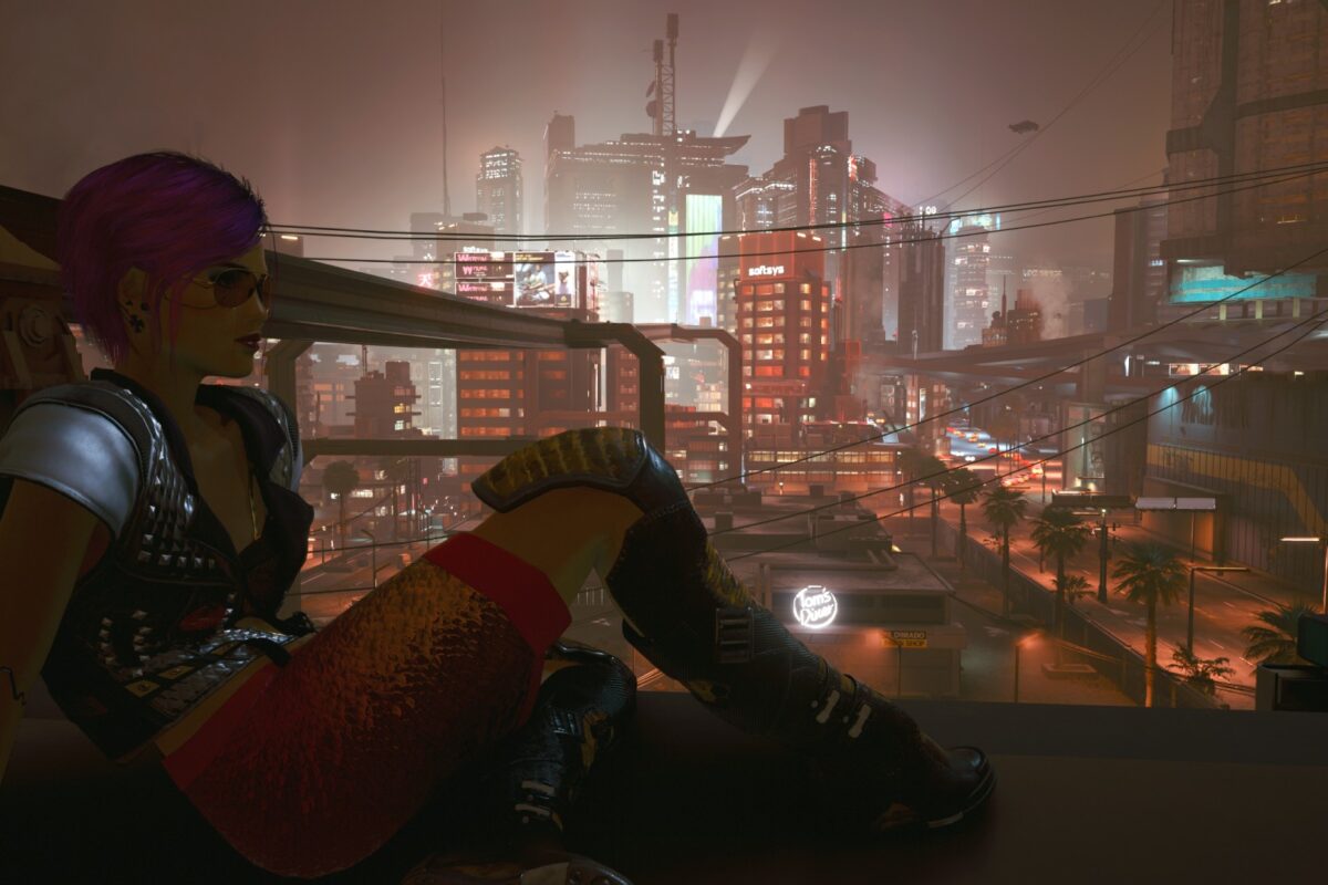 Cyberpunk V auf dem Dächern vor den Hochhäusern von Night City in der Nacht. Screenshot aus dem Spiel Cyberpunk 2077 im Blog von Nastja der Mox.