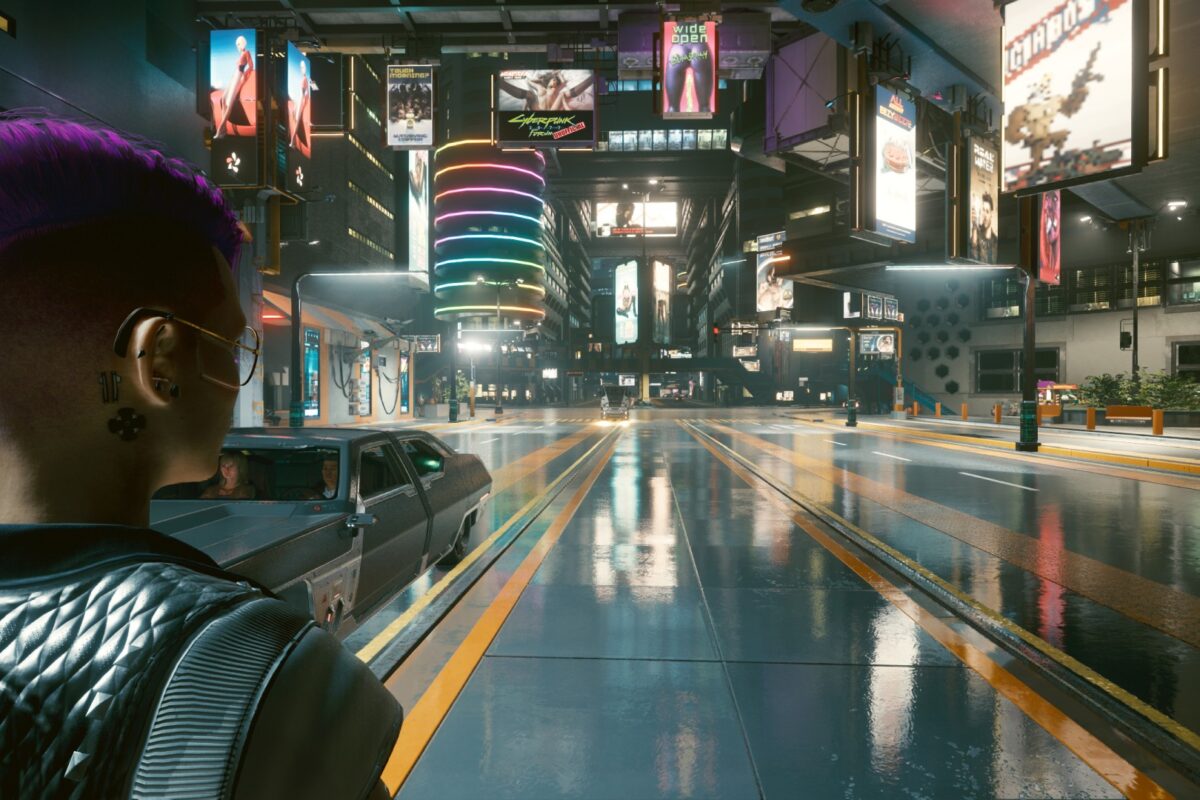 Strasse von Night City bei Nacht. Screenshot aus dem Spiel Cyberpunk 2077 im Blog von Nastja der Mox.