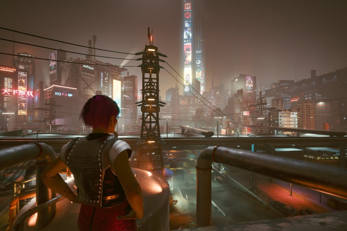 Industriegebiet von Night City bei Nacht. Screenshot aus dem Spiel Cyberpunk 2077 im Blog von Nastja der Mox.