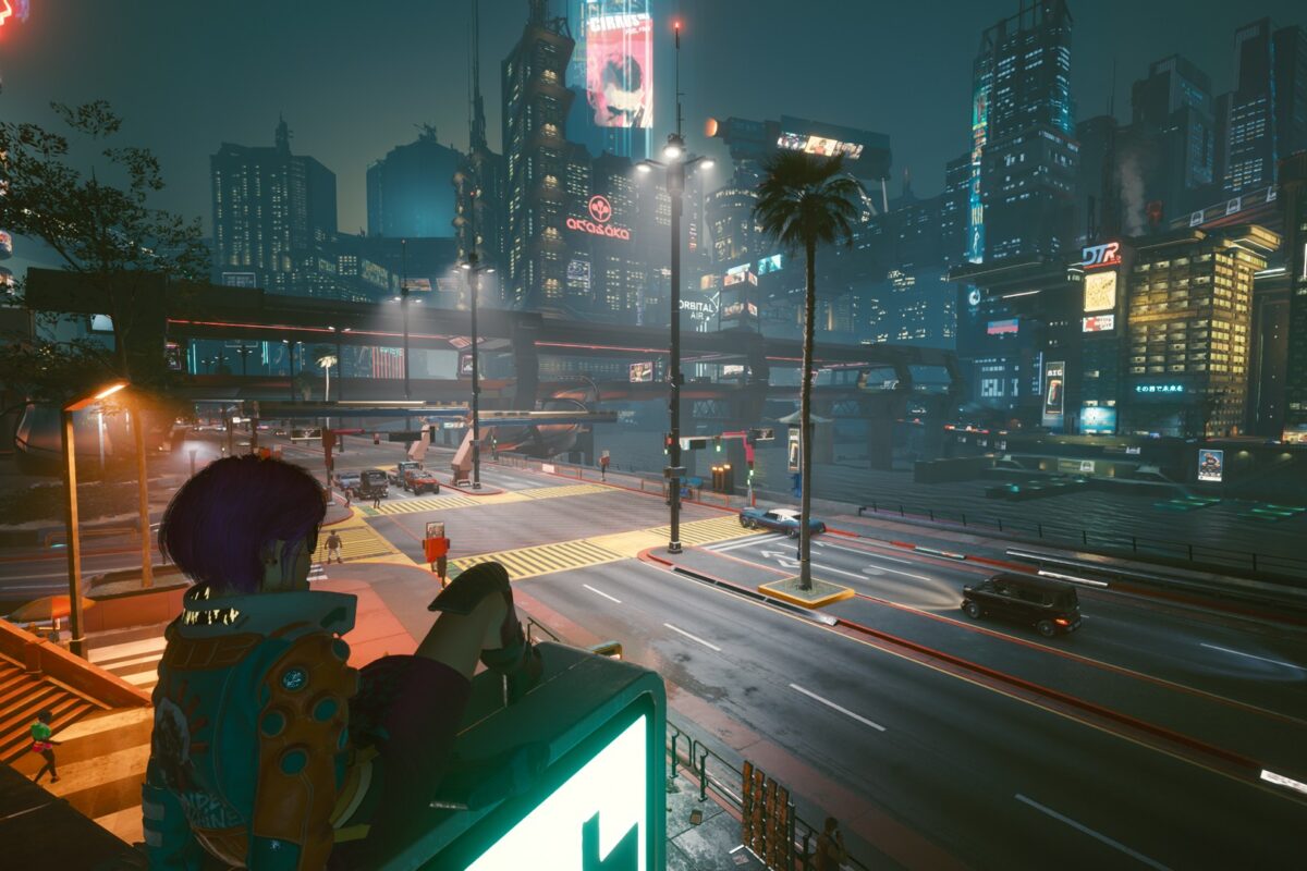 STrassen von Night City in der Nacht. Screenshot aus dem Spiel Cyberpunk 2077 im Blog von Nastja der Mox.