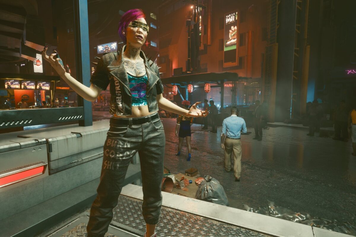 Weiblicher Cyberpunk V auf dem Markt bei Nacht. Screenshot aus dem Spiel Cyberpunk 2077 im Blog von Nastja der Mox.