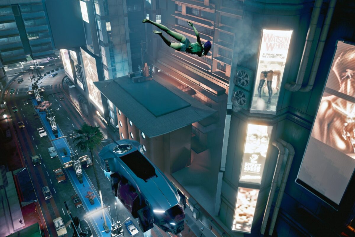 leichtbeleidete Frau in freiem Fall stürzt auf aunen Flugwagen zu. Screenshot aus dem Spiel Cyberpunk 2077 im Blog von Nastja der Mox.Flugwagen
