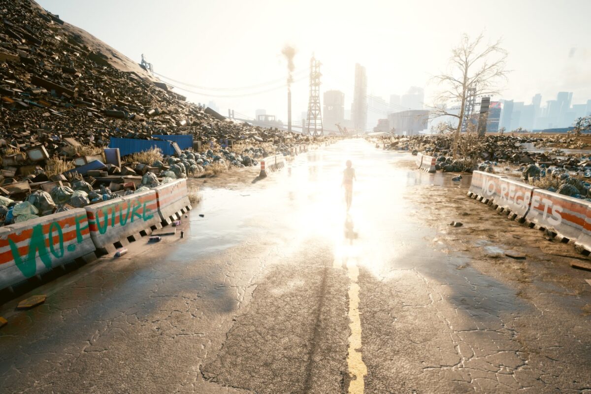 Leere Strasse im Sonnenlicht, gesäumt von Abfall. Screenshot aus dem Spiel Cyberpunk 2077 im Blog von Nastja der Mox.
