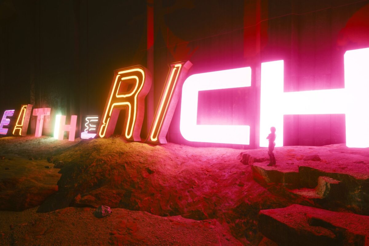Silhoutte einer Frau vor riesigen Neonschilder auf denen Eat the Rich steht. Screenshot aus dem Spiel Cyberpunk 2077 im Blog von Nastja der Mox.