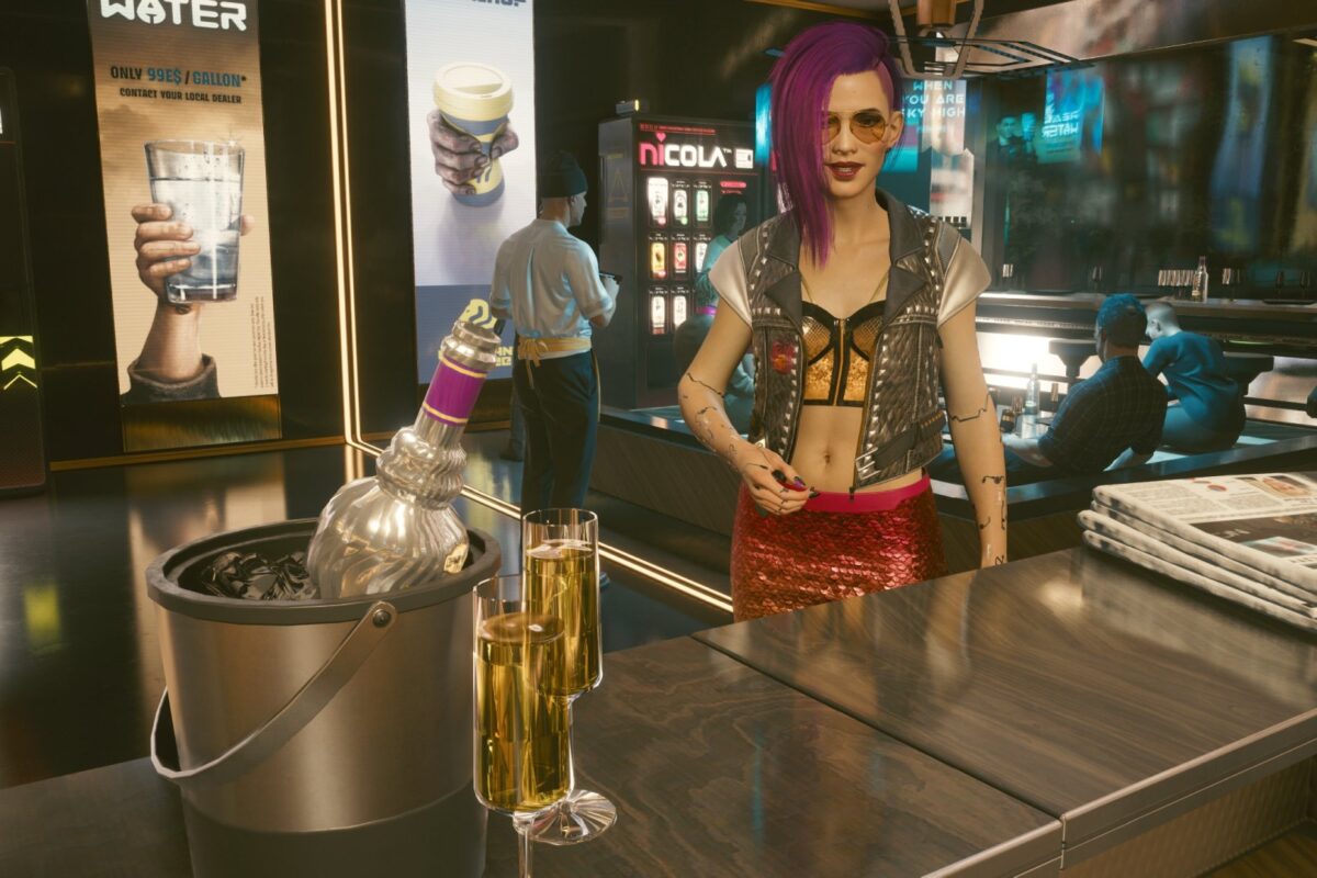 Weibliche Cyberpunk V in edlem Lokal vor einem CHampagnerkübel und 2 Sektgläsern. Screenshot aus dem Spiel Cyberpunk 2077 im Blog von Nastja der Mox.