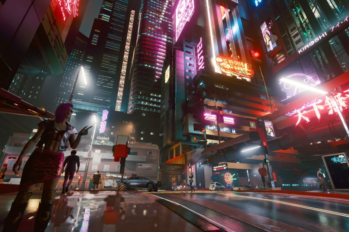 Neonbeleuchtetes Night City bei Nacht. Screenshot aus dem Spiel Cyberpunk 2077 im Blog von Nastja der Mox.