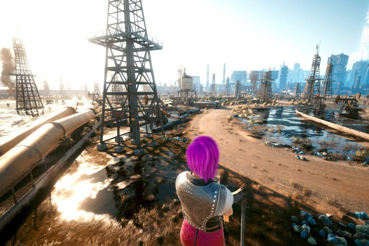 Öde Ölfelder vor Night City. Screenshot aus dem Spiel Cyberpunk 2077 im Blog von Nastja der Mox.