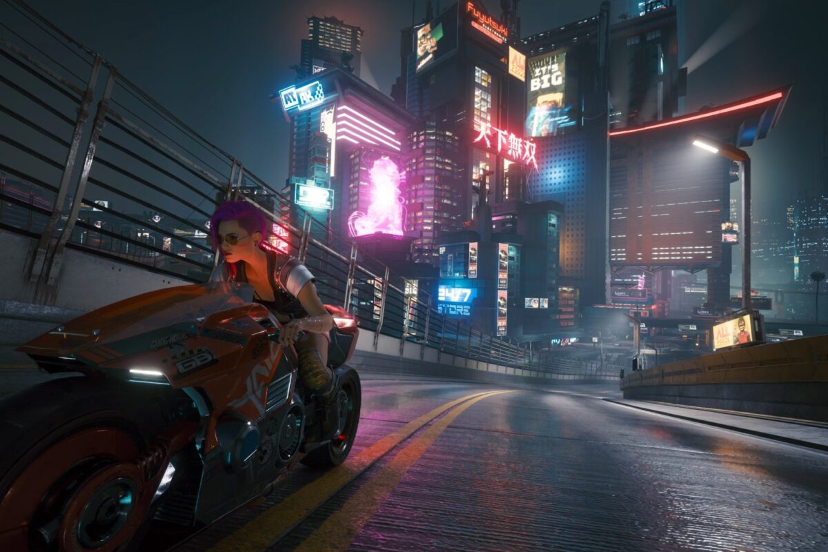 Auf dem Motorrad unterwegs auf den Strassen im nächtlichen Night City. Screenshot aus dem Spiel Cyberpunk 2077 im Blog von Nastja der Mox.