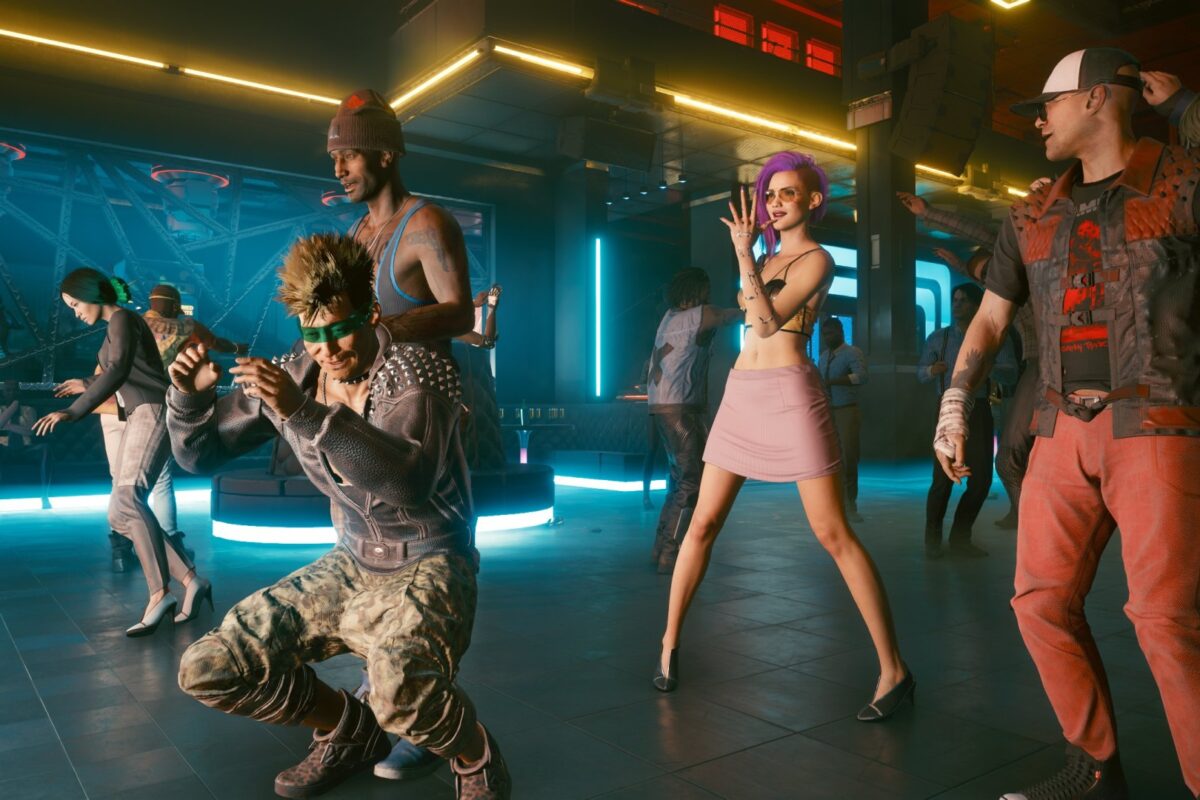 Tanzen in einem Nachclub in Night City. Screenshot aus dem Spiel Cyberpunk 2077 im Blog von Nastja der Mox.
