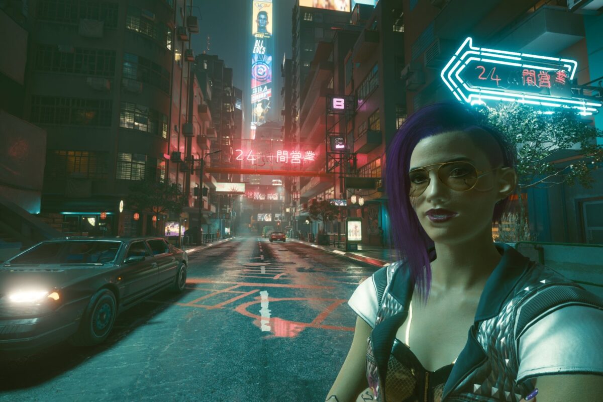 Strasse bei Nacht und im Neonlicht. Screenshot aus dem Spiel Cyberpunk 2077 im Blog von Nastja der Mox.