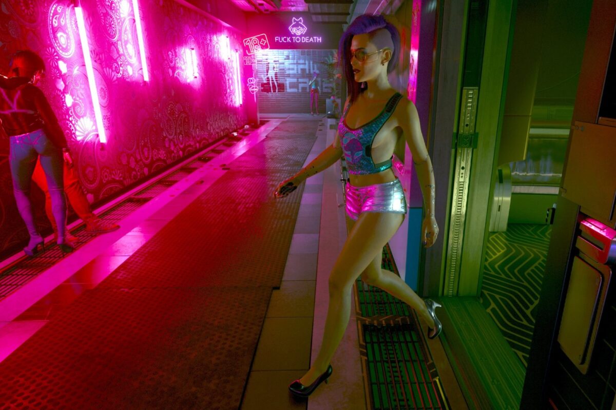 Sehr leicht bekleidete Frau in einem Rotlicht-Club. Screenshot aus dem Spiel Cyberpunk 2077 im Blog von Nastja der Mox.