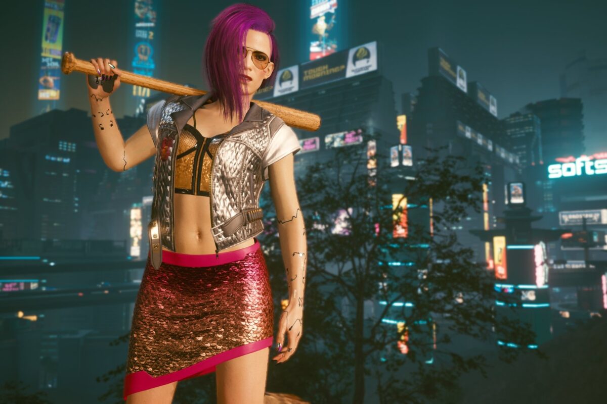 Weibliche Cyberpunk V mit einem Baseballschläger vor dem nächtlichen Night City. Weibliche Cybperpnk V mit den Gebäuden von Night City im Hintergrund. Screenshot aus dem Spiel Cyberpunk 2077 im Blog von Nastja der Mox.