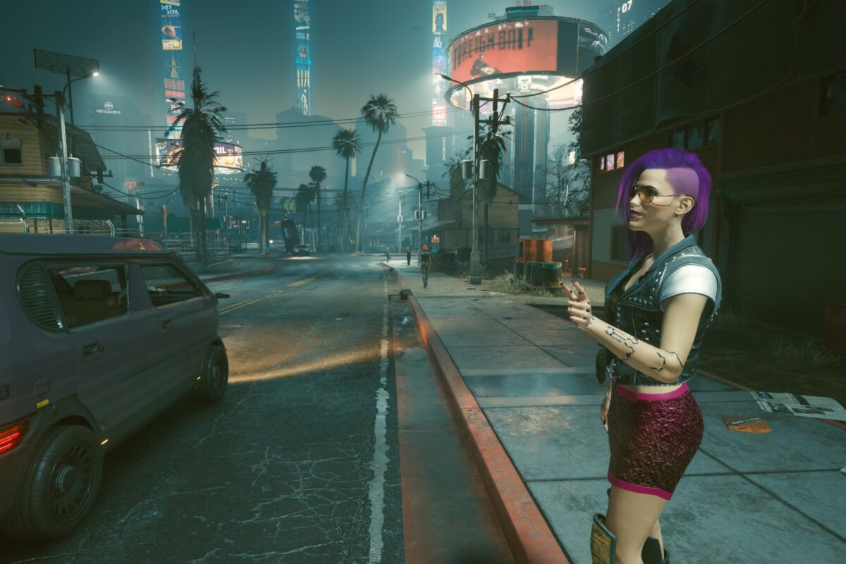 An der Strasse eines Vorortgebietes von Night City. Screenshot aus dem Spiel Cyberpunk 2077 im Blog von Nastja der Mox.