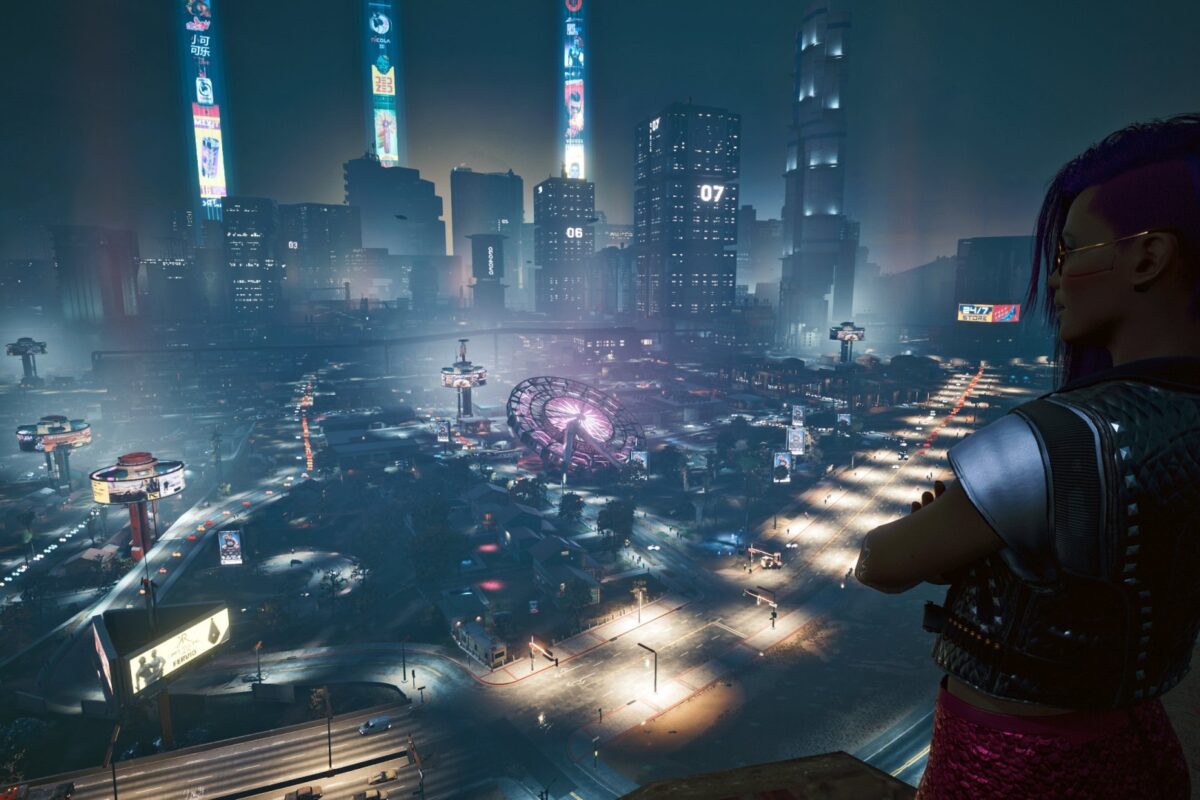 Überblick auf das nächtliche, farbige, beleuchtete Night City. Screenshot aus dem Spiel Cyberpunk 2077 im Blog von Nastja der Mox.