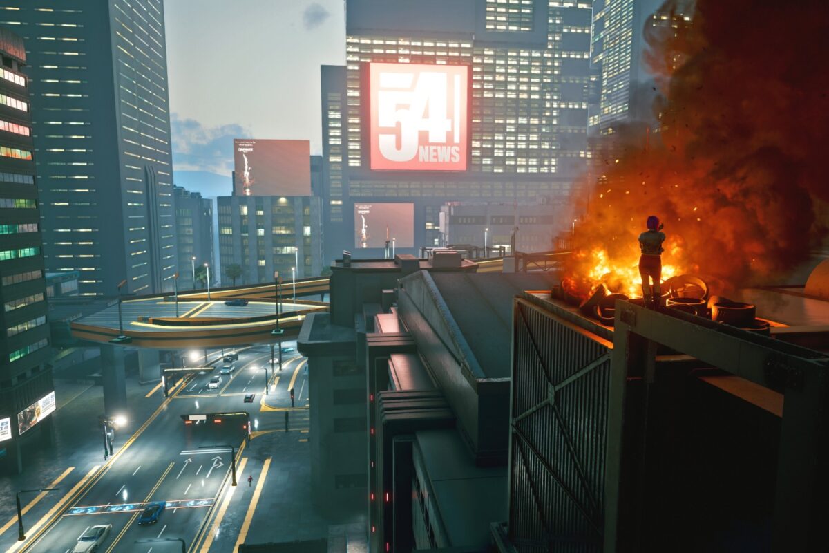 Feuer auf einem Dach mitten in Night City. Screenshot aus dem Spiel Cyberpunk 2077 im Blog von Nastja der Mox.
