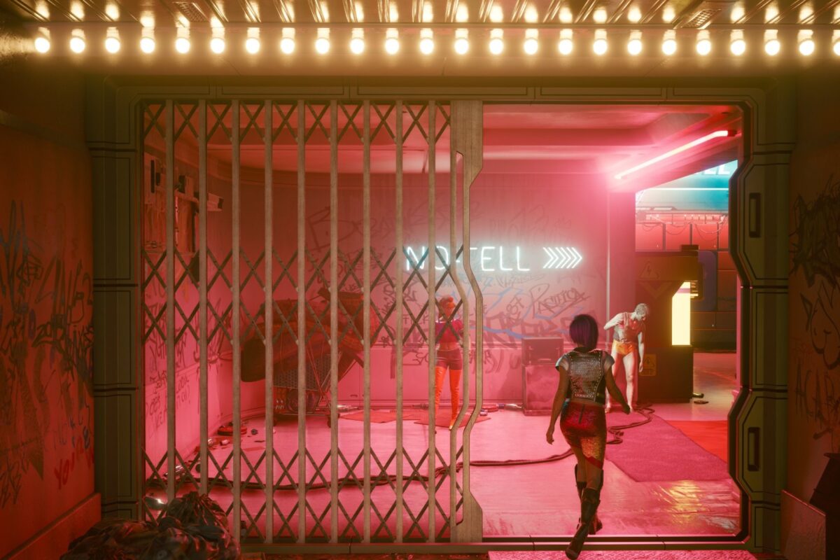 Einganz zu einem Motel in Night City. Screenshot aus dem Spiel Cyberpunk 2077 im Blog von Nastja der Mox.