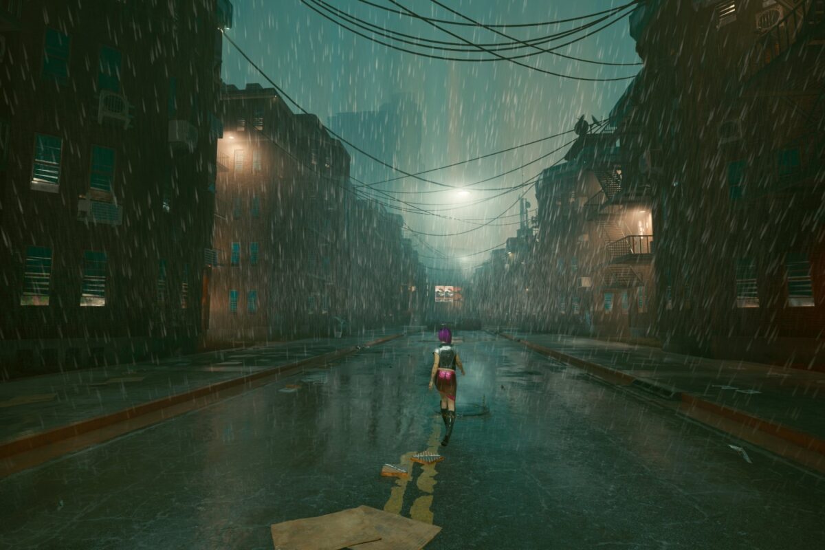 Leere und dunkle Gasse zwischen Häuserzeilen in Night City im Regen. Screenshot aus dem Spiel Cyberpunk 2077 im Blog von Nastja der Mox.