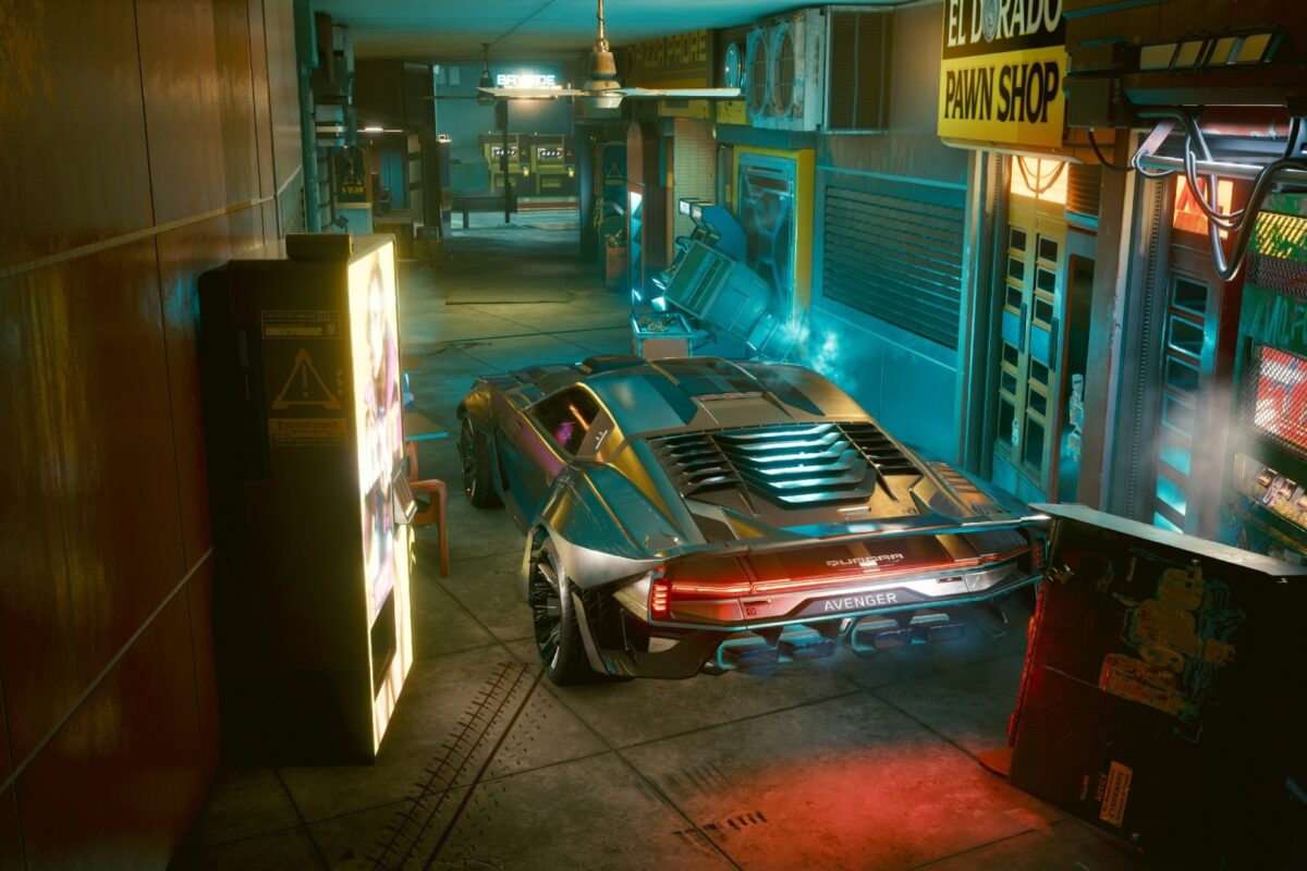 Sportwagen in einer Fussgängerpassage im nächtlichenNight City.Screenshot aus dem Spiel Cyberpunk 2077 im Blog von Nastja der Mox.
