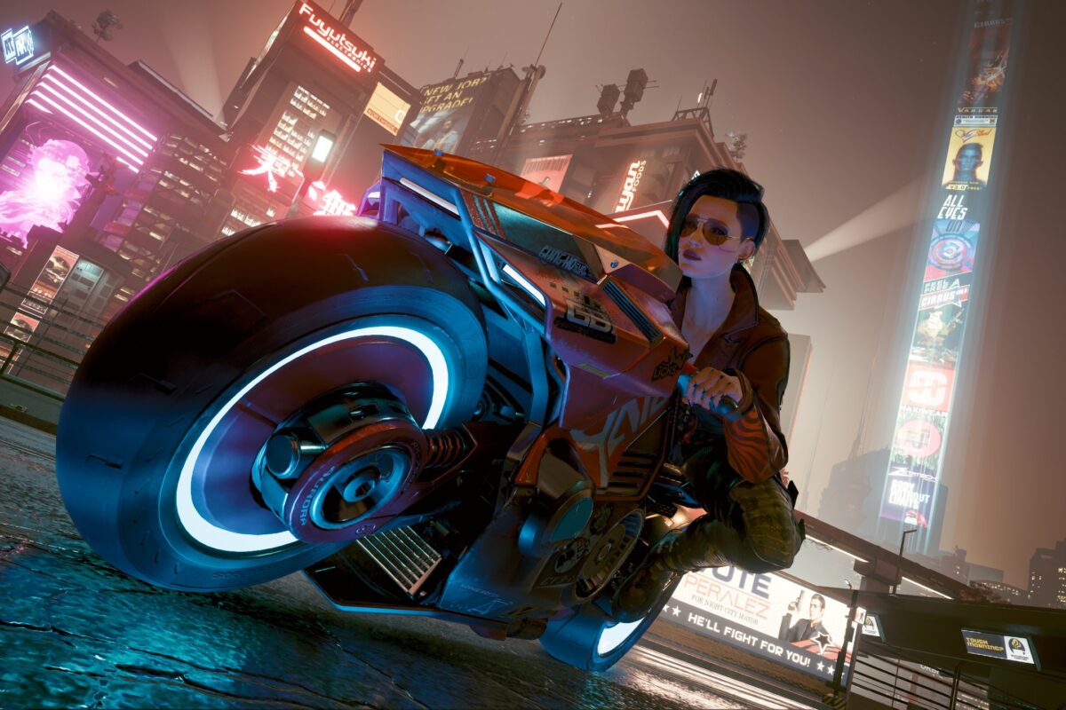 Nahaufnahme eines Motorrads vor dem neonbeleuchteten Hintergrundes von Night City. Screenshot aus dem Spiel Cyberpunk 2077 im Blog von Nastja der Mox.