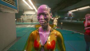 Frau in schriller Kleidung und starker modifizierter, künstlicher Haut. Screenshot aus dem Spiel Cyberpunk 2077 im Blog von Nastja der Mox. The Nameless of Night City ist eine Würdigung an die Ingame-NPCs.