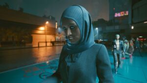 Frau im Hijab auf der Strasse bei Nacht. Screenshot aus dem Spiel Cyberpunk 2077 im Blog von Nastja der Mox. The Nameless of Night City ist eine Würdigung an die Ingame-NPCs.