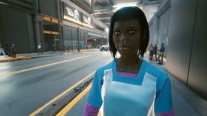 Frau in Krankenschwesteroutfit. Screenshot aus dem Spiel Cyberpunk 2077 im Blog von Nastja der Mox. The Nameless of Night City ist eine Würdigung an die Ingame-NPCs.