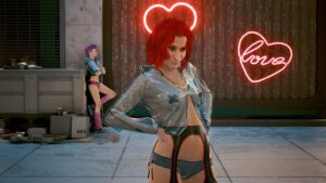 Leichtbekleidetet Prostituierte vor einem herzförmigen Neonschild. Screenshot aus dem Spiel Cyberpunk 2077 im Blog von Nastja der Mox. The Nameless of Night City ist eine Würdigung an die Ingame-NPCs.