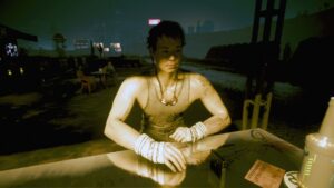 Muskulöser mann im Tanktop am Tresen eines Schnellimbisses. Screenshot aus dem Spiel Cyberpunk 2077 im Blog von Nastja der Mox. The Nameless of Night City ist eine Würdigung an die Ingame-NPCs.