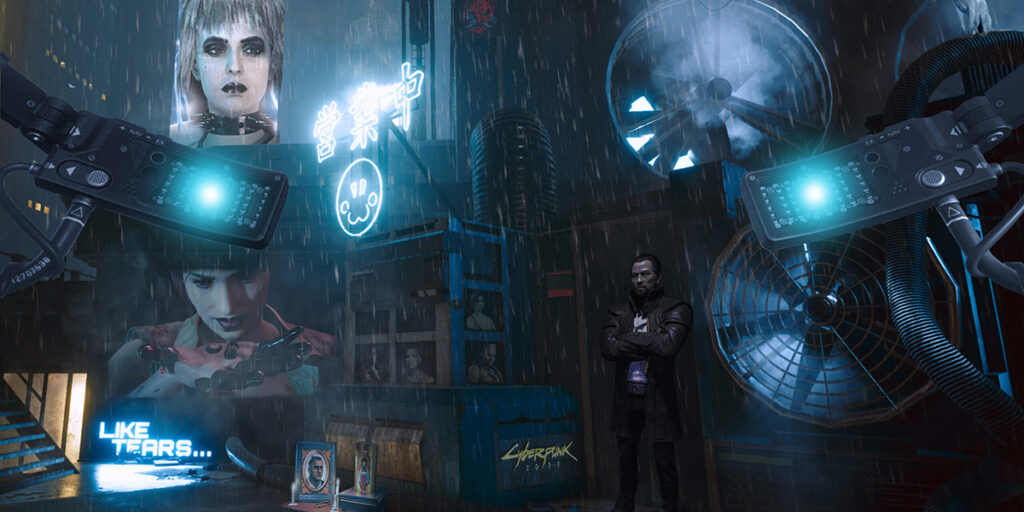 Eine düstere Collage im rehen aus Motiven des Spiels Cyberpunk 2077.