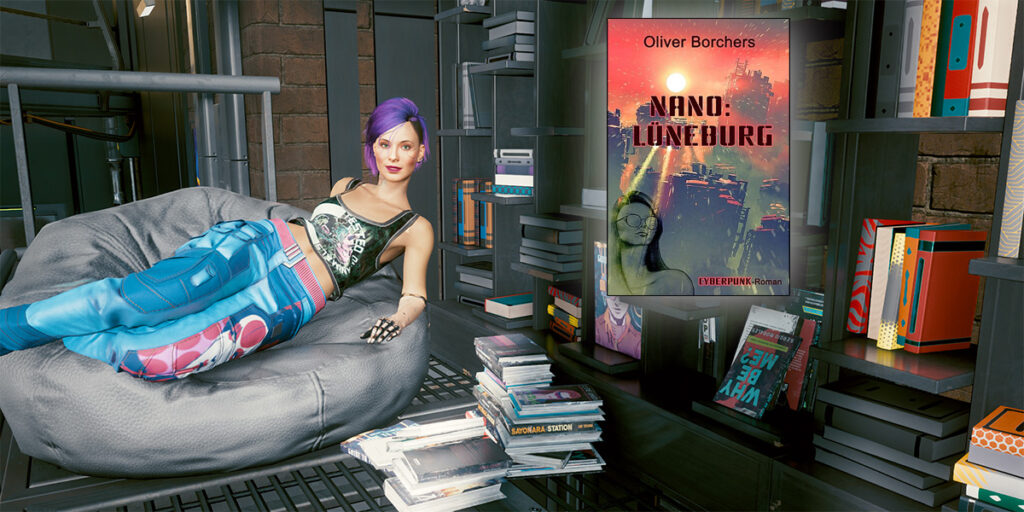 Cyberpunk V im Liegesessel vor dem Bücherregal und dem Buch Nano