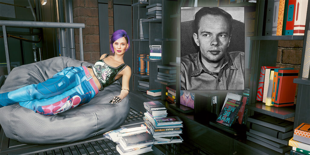 Cyberpunk V im Liegesessel vor dem Bücherregal und einem Porträt von Philip K. Dick