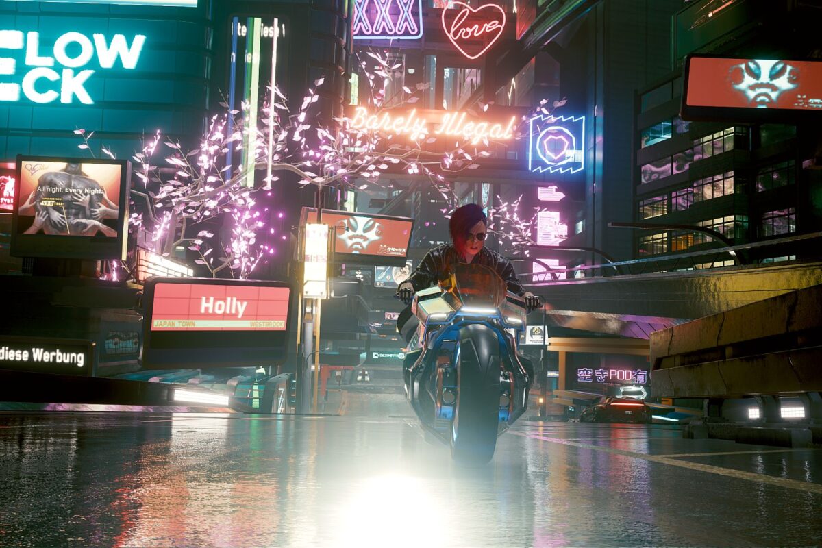 Mit dem Motorrad unterwegs auf der nächtlichen Strasse im Neonlicht. Screenshot aus dem Spiel Cyberpunk 2077 im Blog von Nastja der Mox.