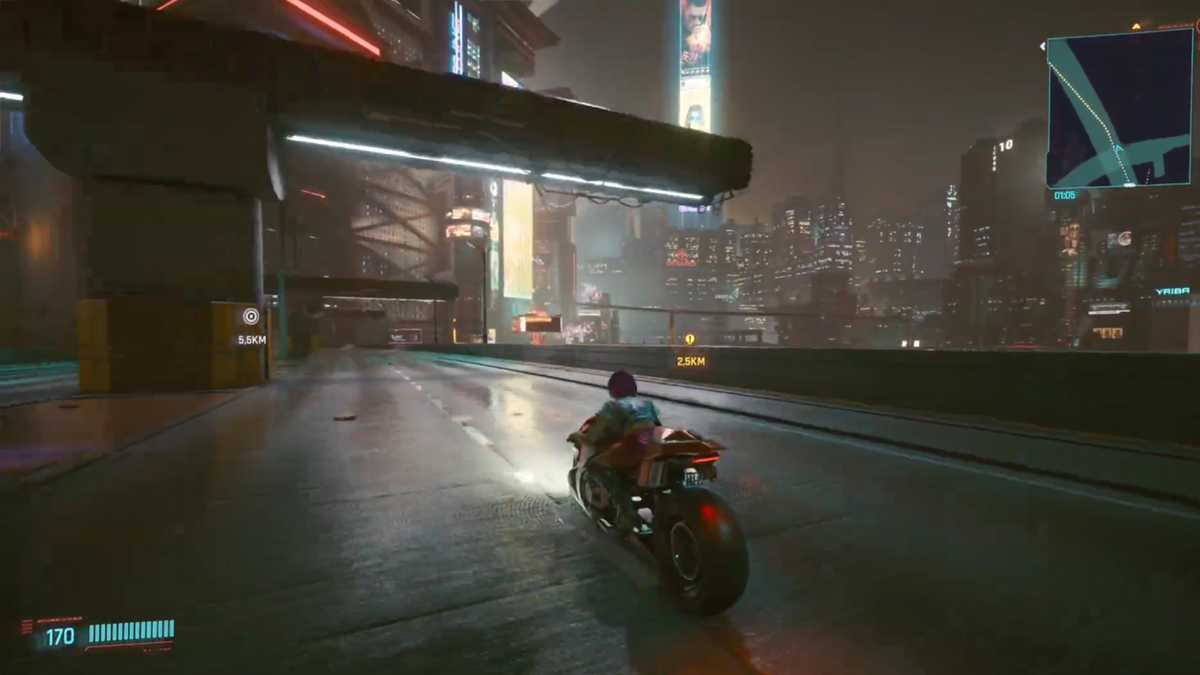 Auf dem Motorrad durch Night City bei Nacht. Screenshot aus Cyberpunk 2077
