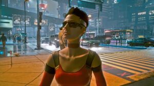 Junge Frau im Partyoutfit, versonnen schauen in Lichtern in der Nacht. Screenshot aus dem Spiel Cyberpunk 2077 im Blog von Nastja der Mox. The Nameless of Night City ist eine Würdigung an die Ingame-NPCs.