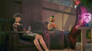 Junge Frau im Partyoutfit und Champagnerglas in einer versifften Ecke auf einem fleckigen Sofa.Screenshot aus dem Spiel Cyberpunk 2077 im Blog von Nastja der Mox. The Nameless of Night City ist eine Würdigung an die Ingame-NPCs.