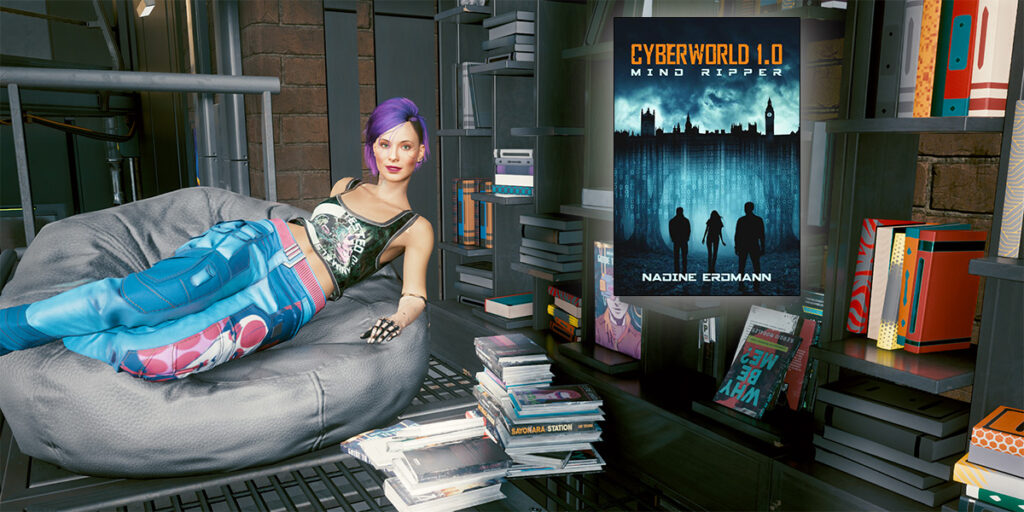 Cyberpunk V im Liegesessel vor dem Bücherregal und dem Buch Mindripper 1.0