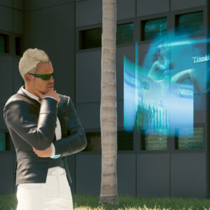 Mann im Business-Anzug begutachtet eine Holo-Reklame. Screenshot aus dem Spiel Cyberpunk 2077