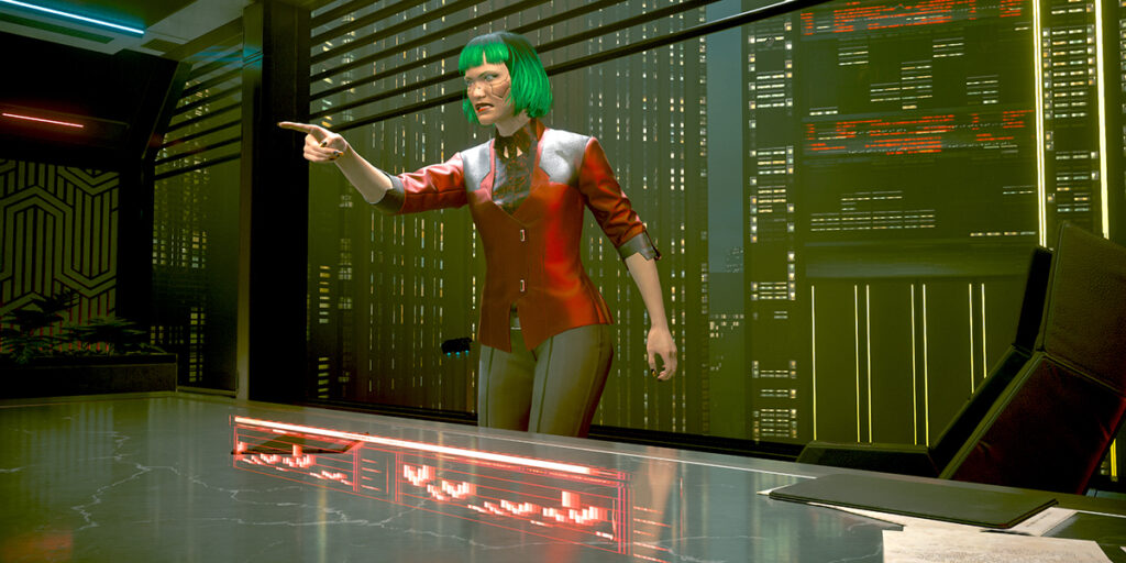 Wütende Managerin hinter dem Schreibtisch stehend. Screenshot aus dem Spiel Cyberpunk 2077