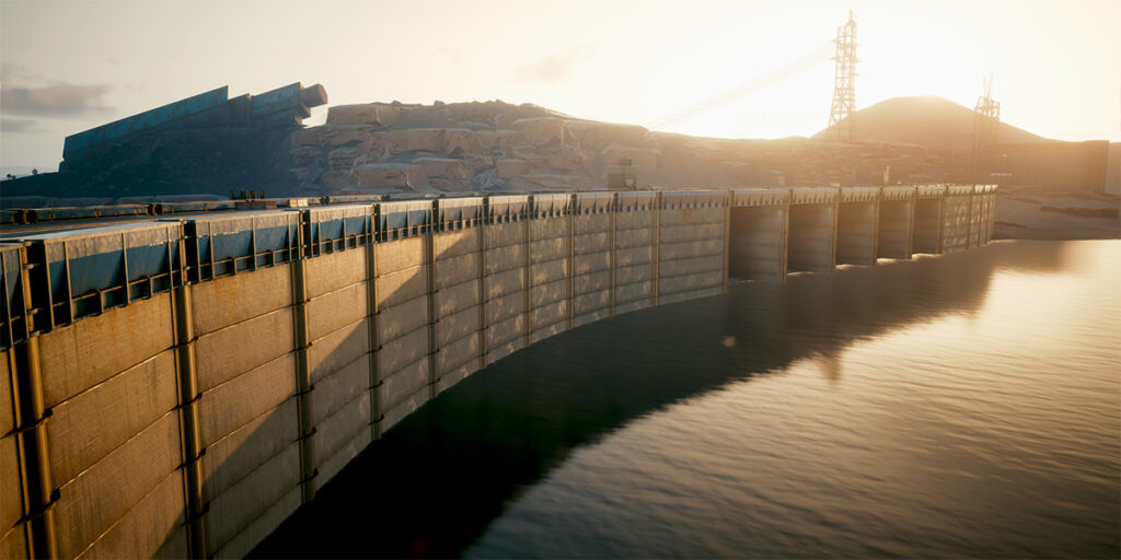 Staudamm im Morgenlicht. Screenshot aus dem Spiel Cyberpunk 2077