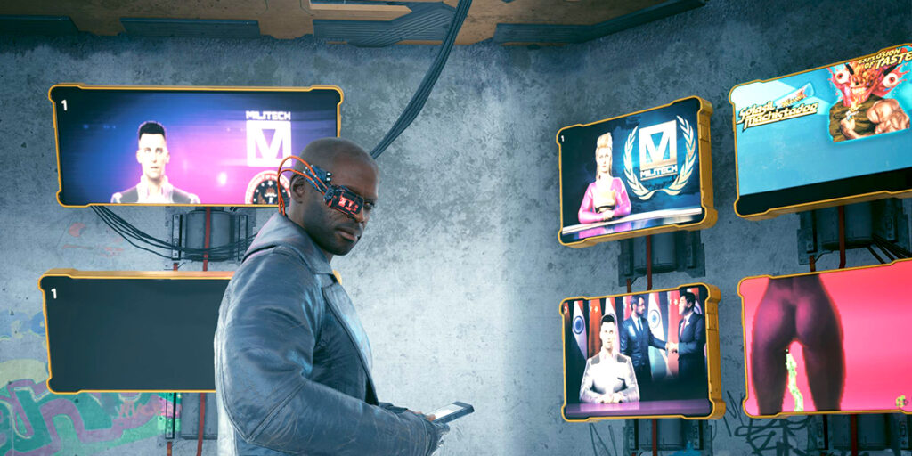 Mann vor einer einem halben dutzend Bildschirmen mit News. Screenshot aus dem Spiel Cyberpunk 2077