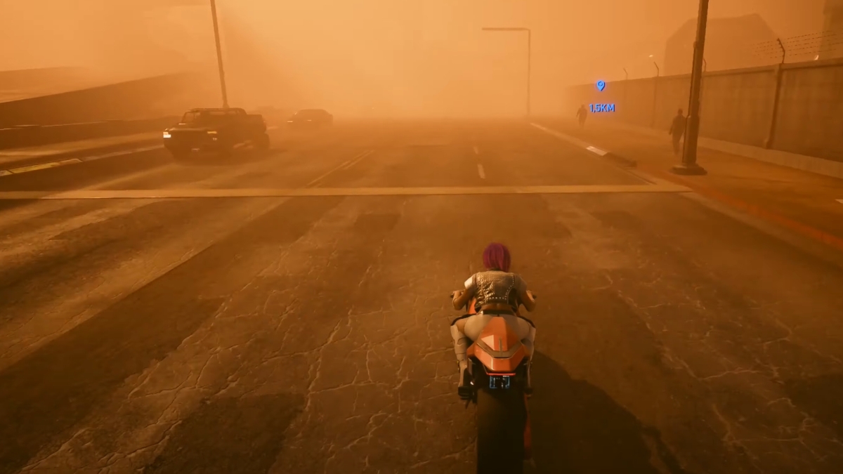 Auf der Strasse von Night City im Sandtsturm.Screenshot aus dem Spiel Cyberpunk 2077