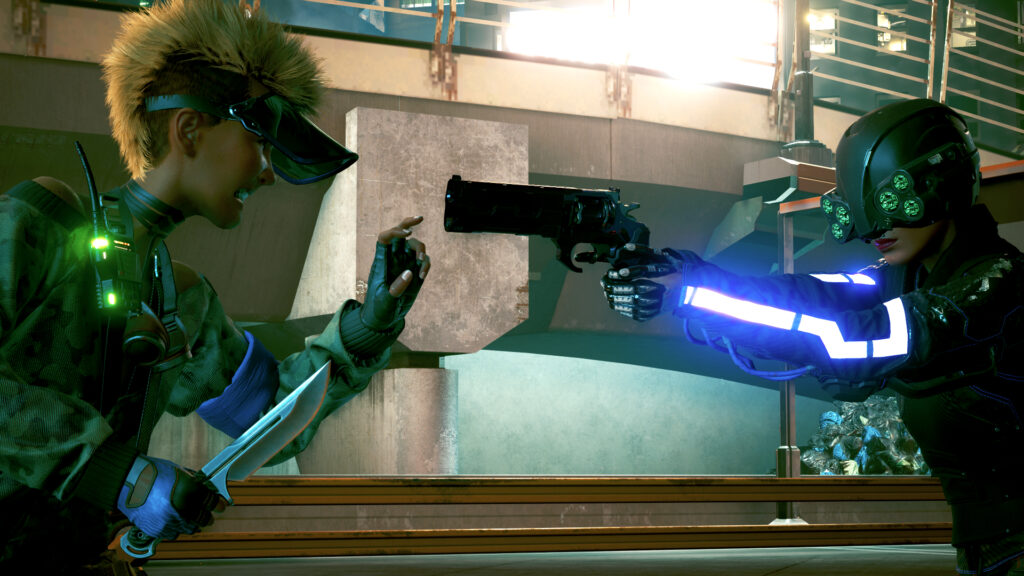 Mit Messerbewaffneter Punk steht einem MaxTac mit Revolver gegenüber. Screenshot aus dem Spiel Cyberpunk 2077.