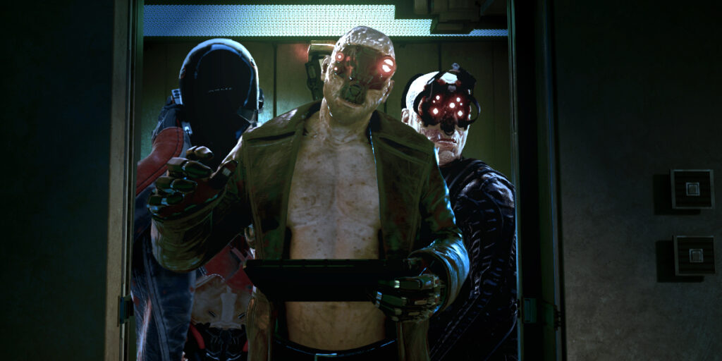 3 Maelmstroms stehen vor der geöffnten Türe. Screenshot aus dem Spiel Cyberpunk2077