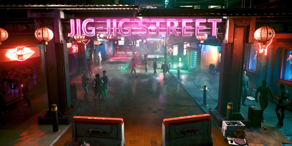 Bild der Jig-Jif Street, einem Rotlichbezirk aus dem Spiel Cyberpunk 2077