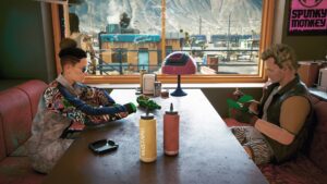 Frau und Mann in einem Imbiss in den Badlands an einem Tisch sitzend. Screenshot aus dem Spiel Cyberpunk 2077.